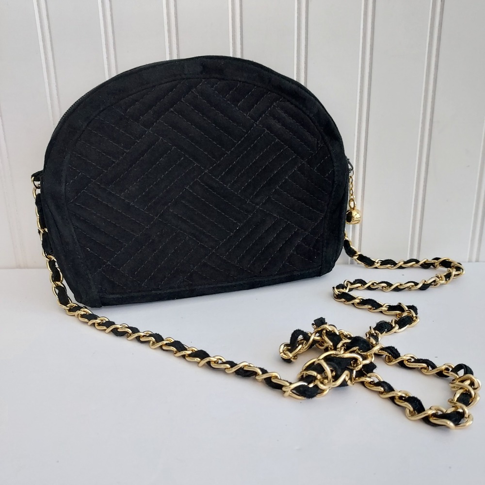 Quilted Black Faux Suede Cross Body Evening Bag Gold Chain Strap Purse Chic City